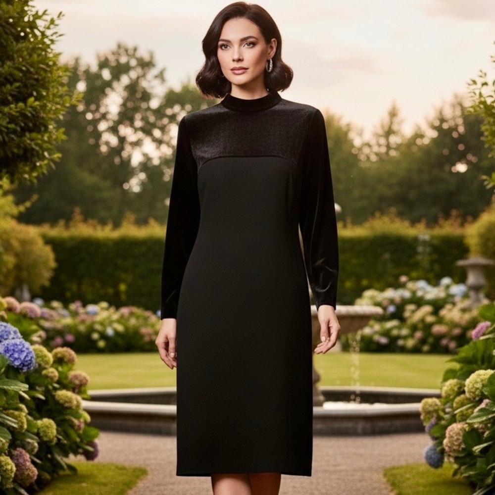 Vintage 80's Gillian Velvet Dress Women 6 Black Long Sleeves Knee Length Event